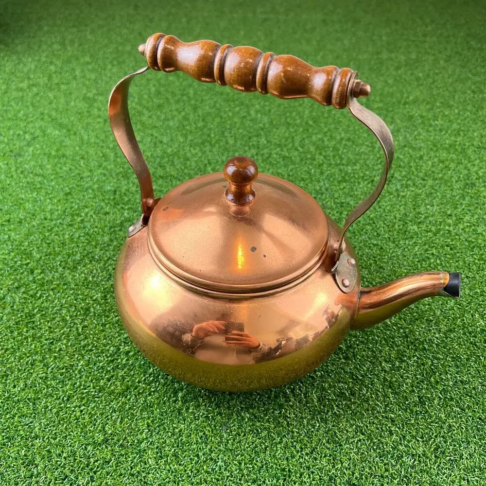 Vintage 1984 Copper Tea Kettle with a Wooden Handle Made in Taiwan